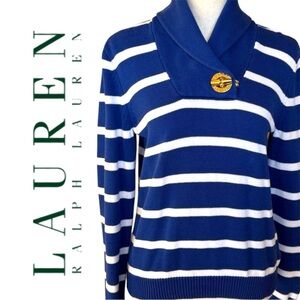 Ralph Lauren Royal Blue White Stripe Cotton Sweater Shawl Collar Gold Toggle Med